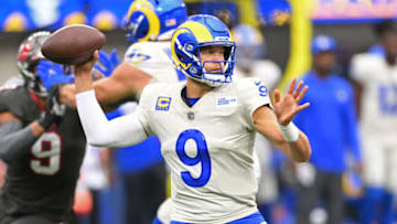 Sep 26, 2021; Inglewood, California, USA; Los Angeles Rams quarterback Matthew Stafford (9) sets to pass in the first half of the game against the Tampa Bay Buccaneers at SoFi Stadium. Mandatory Credit: Jayne Kamin-Oncea-USA TODAY Sports