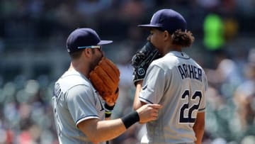 May 22, 2016; Detroit, MI, USA; Tampa Bay Rays third baseman Evan Longoria (3) talks with starting pitcher Chris Archer (22) during the first inning of the game against the Detroit Tigers at Comerica Park. Mandatory Credit: Leon Halip-USA TODAY Sports