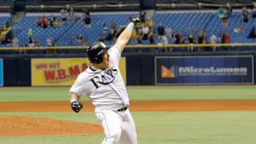 ST. PETERSBURG, FL SEPTEMBER 10: Ji-Man Choi #26 of the Tampa Bay Rays celebrates along the third baseline after hitting a two-run game-winning home run in the ninth inning of the game against the Cleveland Indians at Tropicana Field on September 10, 2018 in St. Petersburg, Florida. (Photo by Joseph Garnett Jr./Getty Images)