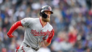 DENVER, CO - SEPTEMBER 30: Bryce Harper #34 of the Washington Nationals runs out a ninth inning double against the Colorado Rockies at Coors Field on September 30, 2018 in Denver, Colorado. (Photo by Dustin Bradford/Getty Images)