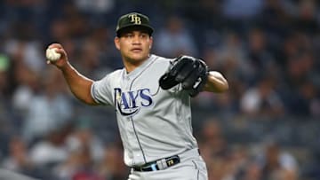 NEW YORK, NEW YORK - MAY 17: Yonny Chirinos #72 of the Tampa Bay Rays in action against the New York Yankees at Yankee Stadium on May 17, 2019 in New York City.New York Yankees defeated the Tampa Bay Rays 4-3. (Photo by Mike Stobe/Getty Images)