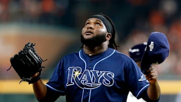 HOUSTON, TEXAS - OCTOBER 05: Diego Castillo #63 of the Tampa Bay Rays reacts after the third out in the fifth inning against the Houston Astros in Game 2 of the ALDS at Minute Maid Park on October 05, 2019 in Houston, Texas. (Photo by Tim Warner/Getty Images)