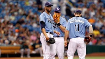 Evan Longoria and David Price (Photo by J. Meric/Getty Images)