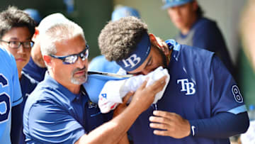 Garrett Whitley hit in face by foul ball on March 02, 2020 in Sarasota, Florida. (Photo by Julio Aguilar/Getty Images)