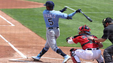 Wander Franco #5 of the Tampa Bay Rays bats against the Boston Red Sox . (Photo by Mark Brown/Getty Images)