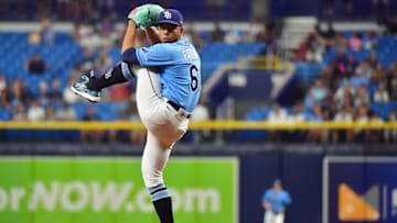 ST PETERSBURG, FLORIDA - JULY 29: Luis Patino #61 of the Tampa Bay Rays delivers a pitch to the New York Yankees in the first inning at Tropicana Field on July 29, 2021 in St Petersburg, Florida. (Photo by Julio Aguilar/Getty Images)