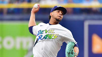 ST PETERSBURG, FLORIDA - AUGUST 21: Luis Patino #61 of the Tampa Bay Rays delivers a pitch to the Chicago White Sox in the first inning at Tropicana Field on August 21, 2021 in St Petersburg, Florida. (Photo by Julio Aguilar/Getty Images)