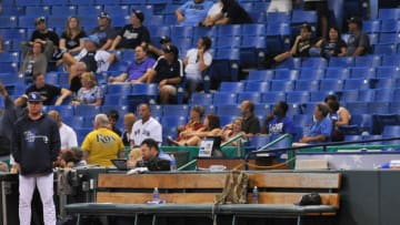 ST. PETERSBURG, FL - JUNE 10: The bullpen bench of the Tampa Bay Rays is empty as the game enters the 14th inning against the Boston Red Sox June 10, 2013 at Tropicana Field in St. Petersburg, Florida. Boston won 10 - 8. (Photo by Al Messerschmidt/Getty Images)