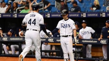 ST PETERSBURG, FL - SEPTEMBER 27: C.J. Cron #44 of the Tampa Bay Rays hits a homer in the seventh inning against the New York Yankees on September 27, 2018 at Tropicana Field in St Petersburg, Florida. (Photo by Julio Aguilar/Getty Images)