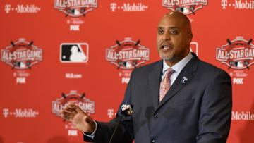 CINCINNATI, OH - JULY 13: Executive Director of the Major League Baseball Players Association Tony Clark talks to reporters during the MLB All Star Media Availability Day at the Westin Cincinnati Hotel on July 13, 2015 in Cincinnati, Ohio. (Photo by Mark Cunningham/MLB Photos via Getty Images)