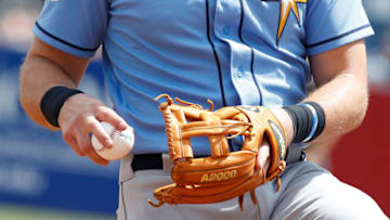 TAMPA, FLORIDA - MARCH 26: Evan Longoria #3 of the Tampa Bay Rays wears his Wilson glove during the spring training game between the Tampa Bay Rays and the New York Yankees at George M. Steinbrenner Field on March 26, 2017 in Tampa, Florida. (Photo by Josh Lefkowitz/Getty Images).