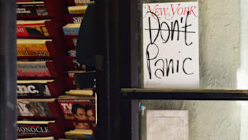 NEW YORK, NY - MARCH 15: A New York Magazine cover reading 'Don't Panic' is displayed on the door of a magazine shop as the coronavirus continues to spread across the United States on March 15, 2020 in New York City. The World Health Organization declared coronavirus (COVID-19) a global pandemic on March 11th. (Photo by Cindy Ord/Getty Images)