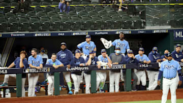 Oct 25, 2020; Arlington, Texas, USA; The Tampa Bay Rays dugout during the ninth inning against the Los Angeles Dodgers during game five of the 2020 World Series at Globe Life Field. Mandatory Credit: Kevin Jairaj-USA TODAY Sports