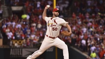 Oct 10, 2015; St. Louis, MO, USA; St. Louis Cardinals pitcher Adam Wainwright (50) delivers a pitch during the seventh inning in game two of the NLDS against the Chicago Cubs at Busch Stadium. Mandatory Credit: Jasen Vinlove-USA TODAY Sports