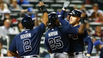 Sep 23, 2015; New York City, NY, USA; Atlanta Braves infielder Freddie Freeman (right) is congratulated after hitting a game winning three run home run against the New York Mets in the ninth inning at Citi Field. The Braves defeated the Mets 6-3. Mandatory Credit: Andy Marlin-USA TODAY Sports