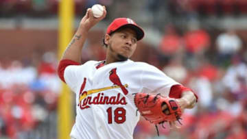 Sep 9, 2015; St. Louis, MO, USA; St. Louis Cardinals starting pitcher Carlos Martinez (18) pitches against the Chicago Cubs at Busch Stadium. Mandatory Credit: Jasen Vinlove-USA TODAY Sports