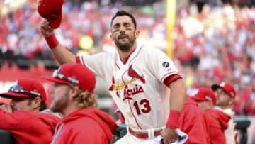 Oct 10, 2015; St. Louis, MO, USA; St. Louis Cardinals third baseman Matt Carpenter (13) celebrates after hitting a solo home run against the Chicago Cubs during the first inning in game two of the NLDS at Busch Stadium. Mandatory Credit: Jeff Curry-USA TODAY Sports