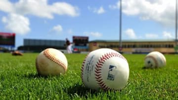 Mar 5, 2015; Jupiter, FL, USA; A general view of baseballs on the field at Roger Dean Stadium prior to a game between the St. Louis Cardinals and Miami Marlins. Mandatory Credit: Steve Mitchell-USA TODAY Sports