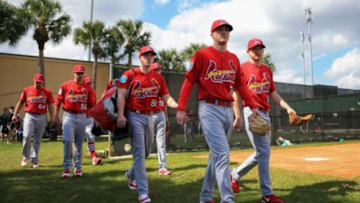 Feb 18, 2016; Jupiter, FL, USA; St. Louis Cardinals players walk towards the practice field at Roger Dean Stadium. Mandatory Credit: Steve Mitchell-USA TODAY Sports