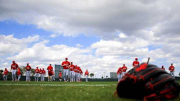 Feb 18, 2016; Jupiter, FL, USA; A general view of an MLB glove on the practice field at Roger Dean Stadium. Mandatory Credit: Steve Mitchell-USA TODAY Sports