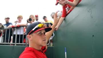 Mar 6, 2015; Jupiter, FL, USA; St. Louis Cardinals second baseman Jacob Wilson (87) signs autographs prior a spring training baseball game against the Houston Astros at Roger Dean Stadium. Mandatory Credit: Steve Mitchell-USA TODAY Sports