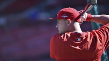 Oct 10, 2015; St. Louis, MO, USA; St. Louis Cardinals left fielder Matt Holliday (7) during batting practice before game two of the NLDS against the Chicago Cubs at Busch Stadium. Mandatory Credit: Jasen Vinlove-USA TODAY Sports