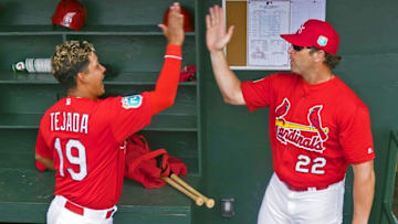 Mar 20, 2016; Jupiter, FL, USA; St. Louis Cardinals shortstop Ruben Tejada (19) and manager Mike Matheny (22) before the game against the Miami Marlins at Roger Dean Stadium. The Marlins defeated the Cardinals 5-2. Mandatory Credit: Scott Rovak-USA TODAY Sports