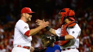 Oct 9, 2015; St. Louis, MO, USA; St. Louis Cardinals relief pitcher Trevor Rosenthal (44) celebrates after defeating the Chicago Cubs 4-0 in game one of the NLDS against the Chicago Cubs at Busch Stadium. Mandatory Credit: Jeff Curry-USA TODAY Sports