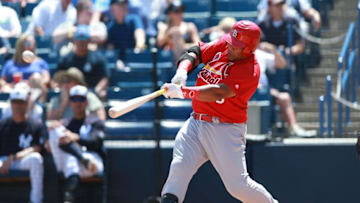 Mar 31, 2016; Tampa, FL, USA; St. Louis Cardinals catcher Brayan Pena (33) singles during the fifth inning against the New York Yankees at George M. Steinbrenner Field. Mandatory Credit: Kim Klement-USA TODAY Sports