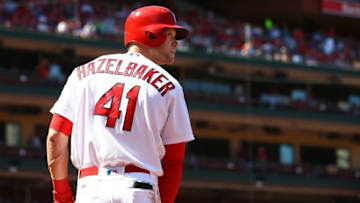 Apr 14, 2016; St. Louis, MO, USA; St. Louis Cardinals right fielder Jeremy Hazelbaker (41) looks on from the on deck circle against the Milwaukee Brewers at Busch Stadium. The Cardinals won the game 7-0. Mandatory Credit: Billy Hurst-USA TODAY Sports