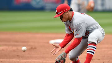 Apr 10, 2016; Atlanta, GA, USA; St. Louis Cardinals second baseman Kolten Wong (16) fields a ground ball to end the inning against the Atlanta Braves during the fourth inning at Turner Field. Mandatory Credit: Dale Zanine-USA TODAY Sports