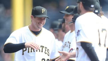 Apr 3, 2016; Pittsburgh, PA, USA; Pittsburgh Pirates third baseman David Freese (23) greets teammates during introductions before playing the St. Louis Cardinals at PNC Park. The Pirates won 4-1. Mandatory Credit: Charles LeClaire-USA TODAY Sports