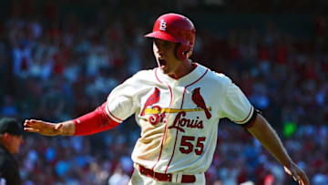May 7, 2016; St. Louis, MO, USA; St. Louis Cardinals right fielder Stephen Piscotty (55) celebrates while scoring a against the Pittsburgh Pirates during the eighth inning at Busch Stadium. The Cardinals won 6-4. Mandatory Credit: Jeff Curry-USA TODAY Sports