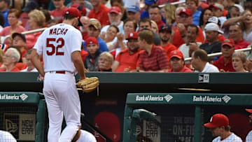 May 24, 2016; St. Louis, MO, USA; St. Louis Cardinals starting pitcher Michael Wacha (52) leaves the game in the fourth inning against the Chicago Cubs at Busch Stadium. Mandatory Credit: Jasen Vinlove-USA TODAY Sports