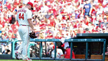 Jun 18, 2016; St. Louis, MO, USA; St. Louis Cardinals relief pitcher Trevor Rosenthal (44) walks off the field after being removed from the game during the ninth inning against the Texas Rangers at Busch Stadium. The Rangers won 4-3. Mandatory Credit: Jeff Curry-USA TODAY Sports