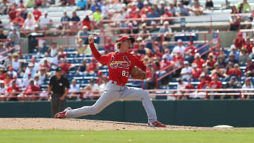 Mar 13, 2016; Melbourne, FL, USA; St. Louis Cardinals starting pitcher Luke Weaver (83) throws a pitch in the ninth inning against the Washington Nationals at Space Coast Stadium. The Washington Nationals and the St. Louis Cardinals tied 4-4. Mandatory Credit: Logan Bowles-USA TODAY Sports