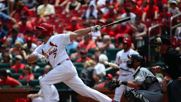 Jul 17, 2016; St. Louis, MO, USA; St. Louis Cardinals left fielder Matt Holliday (7) hits a solo home run off of Miami Marlins starting pitcher Adam Conley (not pictured) during the second inning at Busch Stadium. The Marlins won 6-3. Mandatory Credit: Jeff Curry-USA TODAY Sports