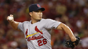 Aug 3, 2016; Cincinnati, OH, USA; St. Louis Cardinals relief pitcher Seung Hwan Oh throws against the Cincinnati Reds during the ninth inning at Great American Ball Park. The Cardinals won 5-4. Mandatory Credit: David Kohl-USA TODAY Sports