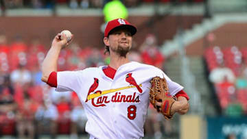 Aug 9, 2016; St. Louis, MO, USA; St. Louis Cardinals starting pitcher Mike Leake (8) pitches to a Cincinnati Reds batter during the first inning at Busch Stadium. Mandatory Credit: Jeff Curry-USA TODAY Sports