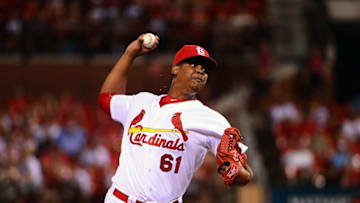 Aug 9, 2016; St. Louis, MO, USA; St. Louis Cardinals relief pitcher Alex Reyes (61) pitches to a Cincinnati Reds batter during the ninth inning of his Major League debut at Busch Stadium. The Reds won 7-4. Mandatory Credit: Jeff Curry-USA TODAY Sports