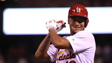 Aug 24, 2016; St. Louis, MO, USA; St. Louis Cardinals starting pitcher Carlos Martinez (18) celebrates after hitting a single off of New York Mets starting pitcher Jacob deGrom (not pictured) during the fourth inning at Busch Stadium. Mandatory Credit: Jeff Curry-USA TODAY Sports