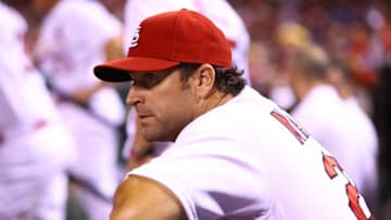 Jun 29, 2016; St. Louis, MO, USA; St. Louis Cardinals manager Mike Matheny (22) looks on from the dugout against the Kansas City Royals at Busch Stadium. Mandatory Credit: Billy Hurst-USA TODAY Sports