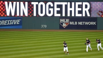 Oct 25, 2016; Cleveland, OH, USA; Cleveland Indians players celebrate after defeating the Chicago Cubs in game one of the 2016 World Series at Progressive Field. Mandatory Credit: David Richard-USA TODAY Sports