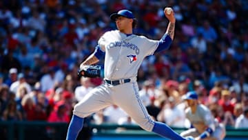 Aug 20, 2016; Cleveland, OH, USA; Toronto Blue Jays relief pitcher Brett Cecil (27) pitches in the eighth inning against the Cleveland Indians at Progressive Field. Cleveland won 3-2. Mandatory Credit: Rick Osentoski-USA TODAY Sports