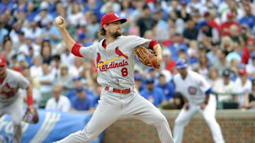 Sep 23, 2016; Chicago, IL, USA; St. Louis Cardinals starting pitcher Mike Leake (8) throws against the Chicago Cubs during the first inning at Wrigley Field. Mandatory Credit: David Banks-USA TODAY Sports