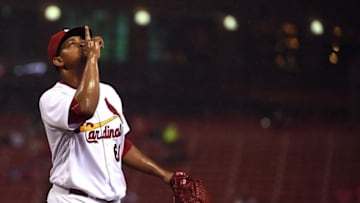 Sep 29, 2016; St. Louis, MO, USA; St. Louis Cardinals starting pitcher Alex Reyes (61) celebrates after getting the final out of the sixth inning against the Cincinnati Reds during the sixth inning at Busch Stadium. Mandatory Credit: Jeff Curry-USA TODAY Sports