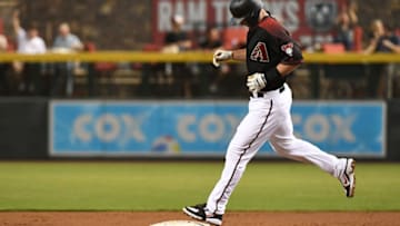 PHOENIX, AZ - AUGUST 03: Paul Goldschmidt #44 of the Arizona Diamondbacks hits his 200th career home run in the first inning of the MLB game against the San Francisco Giants at Chase Field on August 3, 2018 in Phoenix, Arizona. (Photo by Jennifer Stewart/Getty Images)