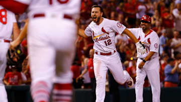 ST. LOUIS, MO - AUGUST 13: Paul DeJong #12 of the St. Louis Cardinals celebrates after hitting a walk-off home run against the Washington Nationals ninth inning at Busch Stadium on August 13, 2018 in St. Louis, Missouri. (Photo by Dilip Vishwanat/Getty Images)