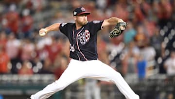 WASHINGTON, DC - AUGUST 17: Greg Holland #56 of the Washington Nationals pitches in the ninth inning during a baseball game against the Miami Marlins at Nationals Park on August 17, 2018 in Washington, DC. (Photo by Mitchell Layton/Getty Images)