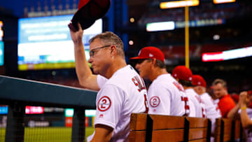 ST. LOUIS, MO - AUGUST 28: Manager Mike Shildt #8 of the St. Louis Cardinals acknowledges the fans after being introduced as the new full-time manager of the St. Louis Cardinals in-between innings against the Pittsburgh Pirates at Busch Stadium on August 28, 2018 in St. Louis, Missouri. (Photo by Dilip Vishwanat/Getty Images)